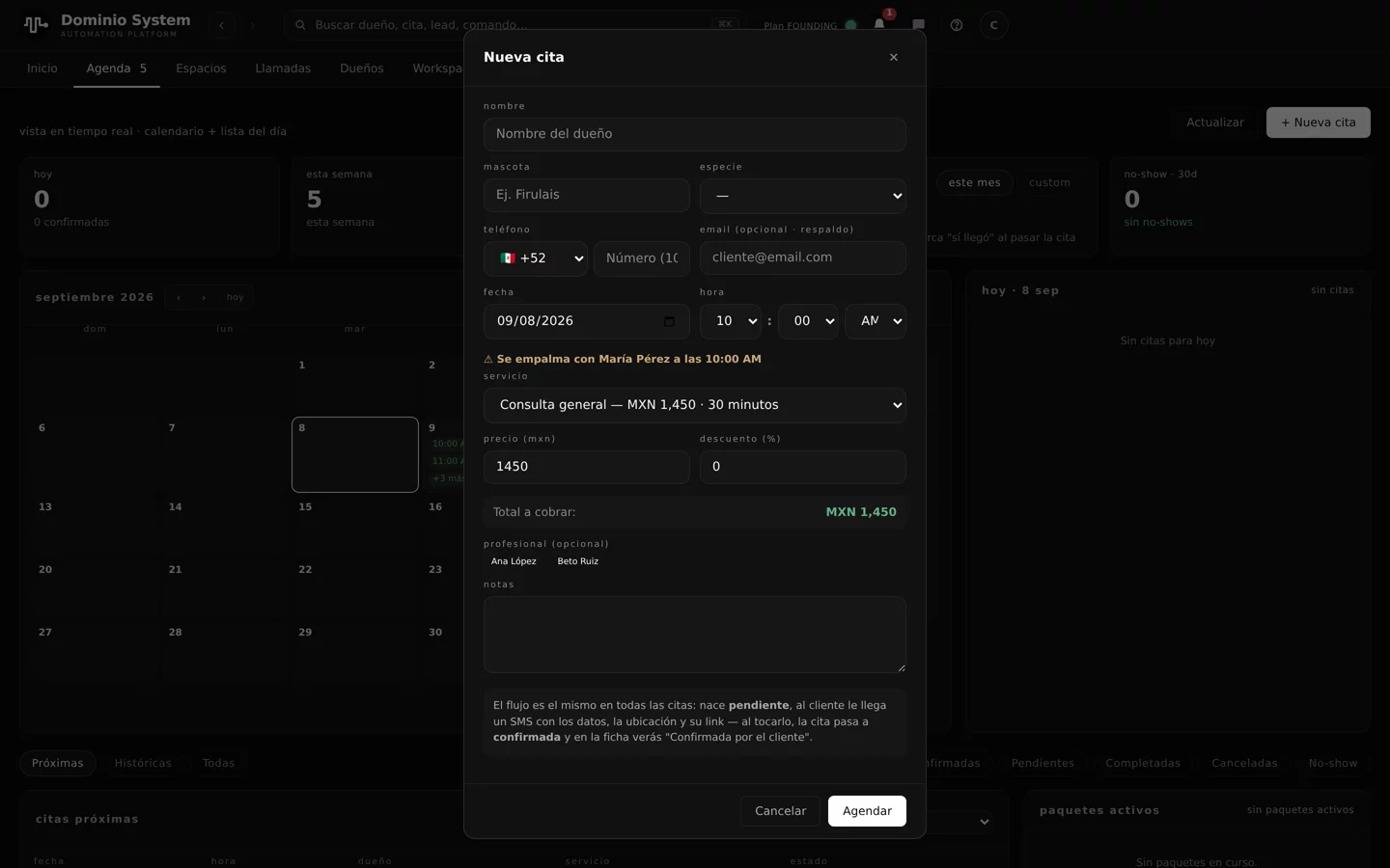 Modal de Nueva cita con aviso de empalme