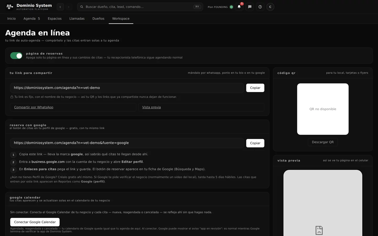 Configuración de la agenda en línea con link y QR