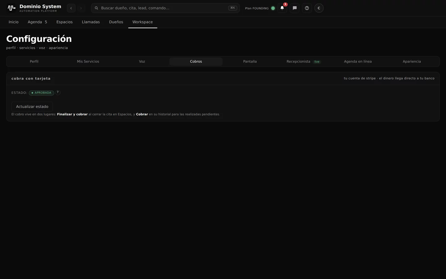 Configuración, pestaña Cobros con la cuenta de Stripe aprobada