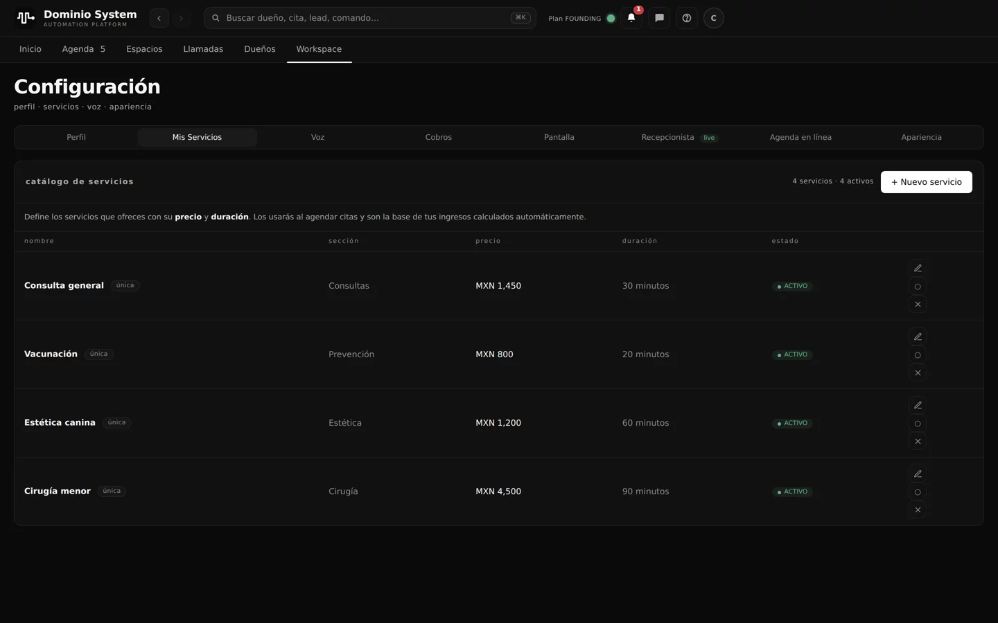 Configuración, pestaña Mis Servicios