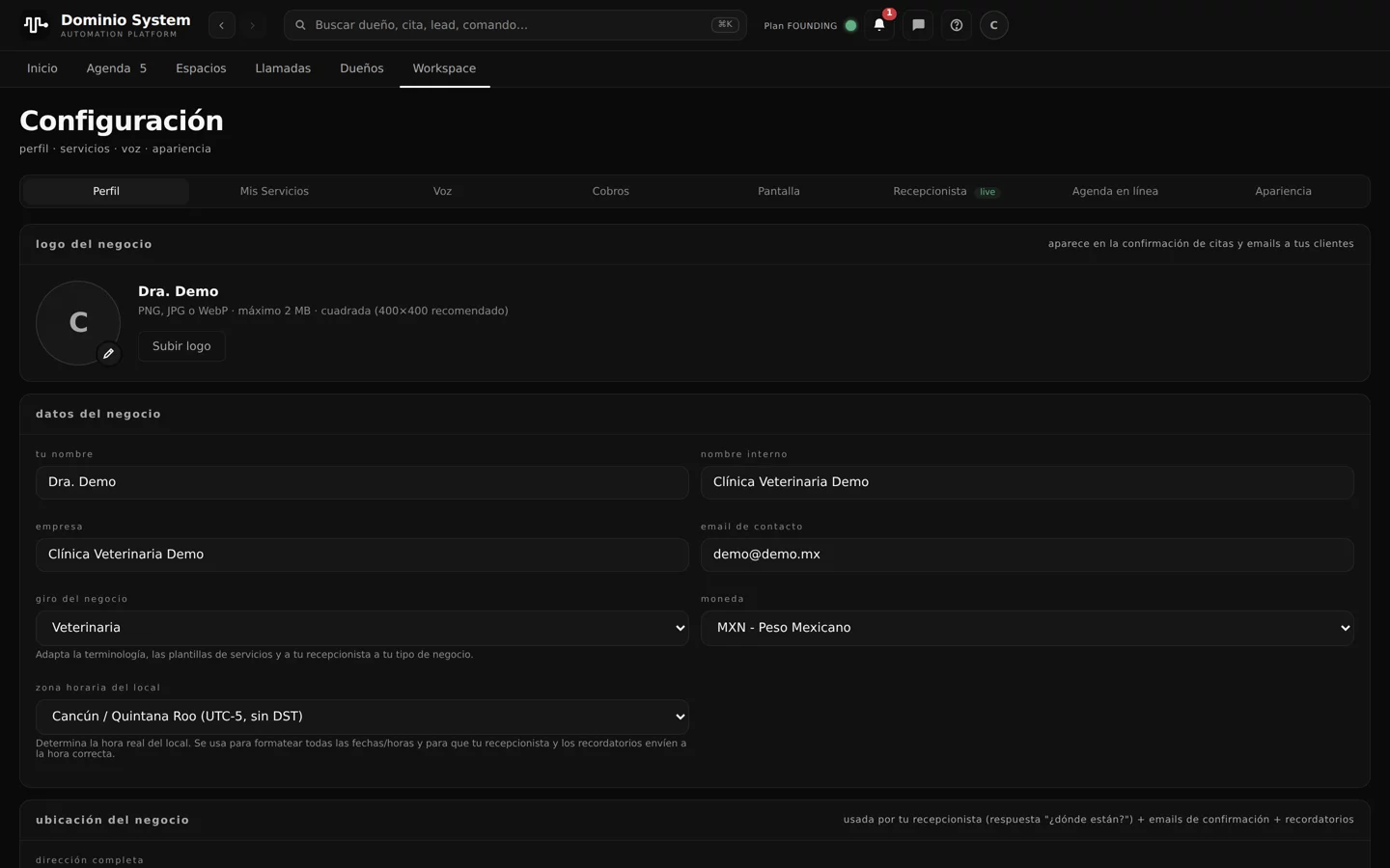 Configuración, pestaña Perfil